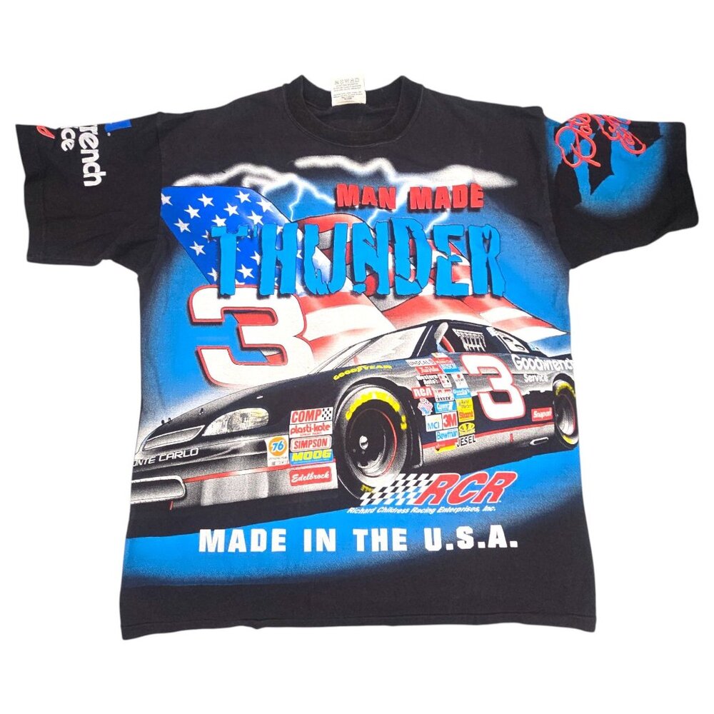 Dale Earnhardt Vtg 90s All Over Print NASCAR Racing XL T-Shirt Man Made Thunder